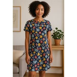 Hutch Blue Floral Shift Dress Short Sleeve Rayon Yellow Red Blue Flowers Size S
